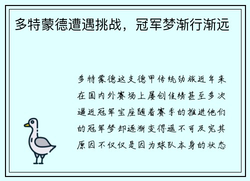 多特蒙德遭遇挑战，冠军梦渐行渐远