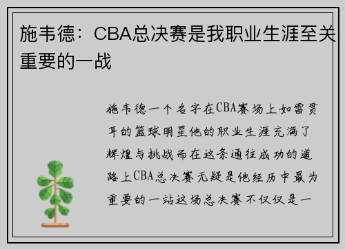 施韦德：CBA总决赛是我职业生涯至关重要的一战